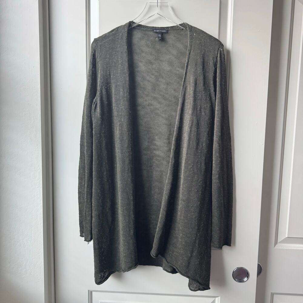 Eileen Fisher Olive Knit Cardigan Organic Linen Cotton Blend Medium